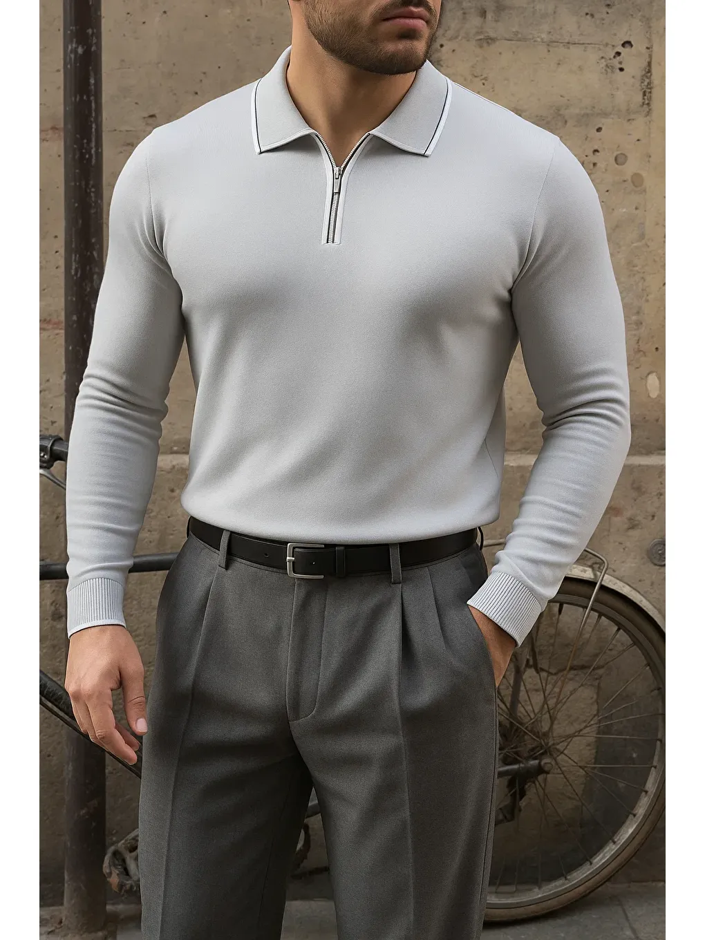 Erkek Günlük Çizgili Trend Gri Polo Yaka Kazak-1