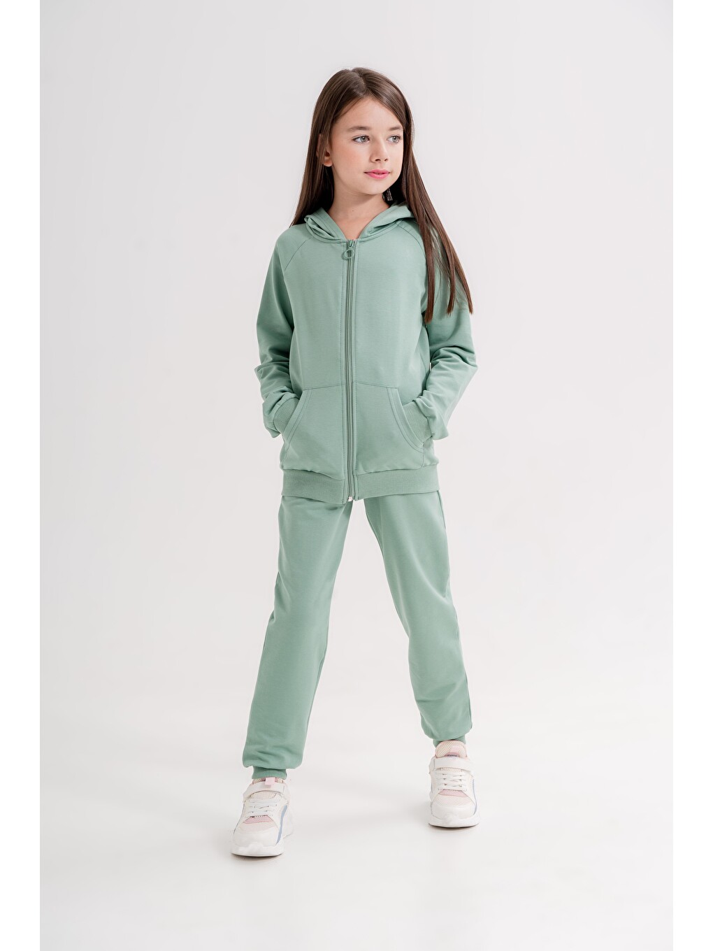 Yeşil Basic Kız Çocuk Spor Fermuarlı Eşofman Takımı-1