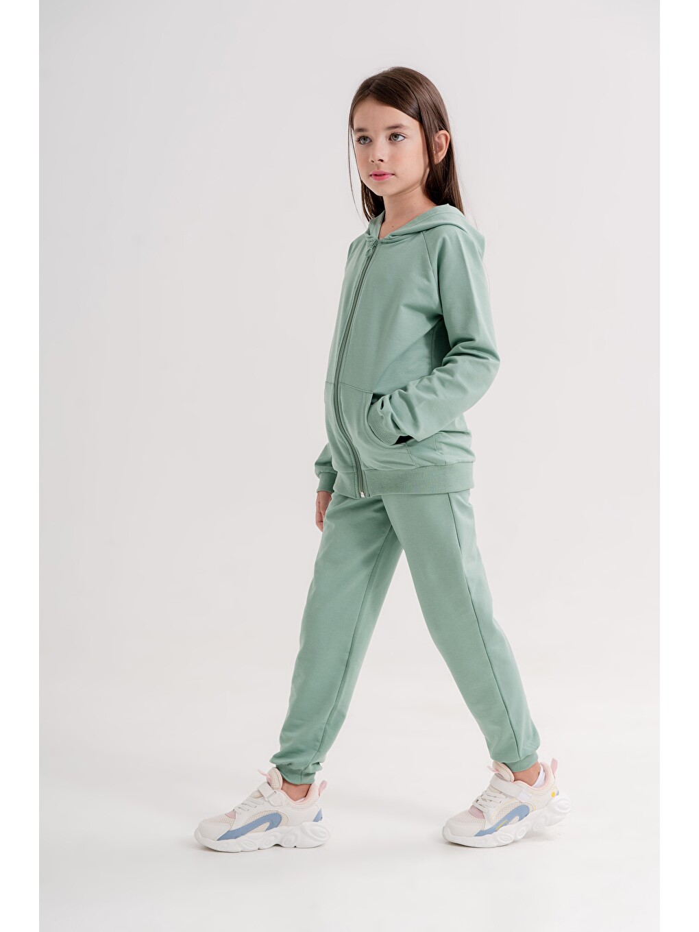 Yeşil Basic Kız Çocuk Spor Fermuarlı Eşofman Takımı-3