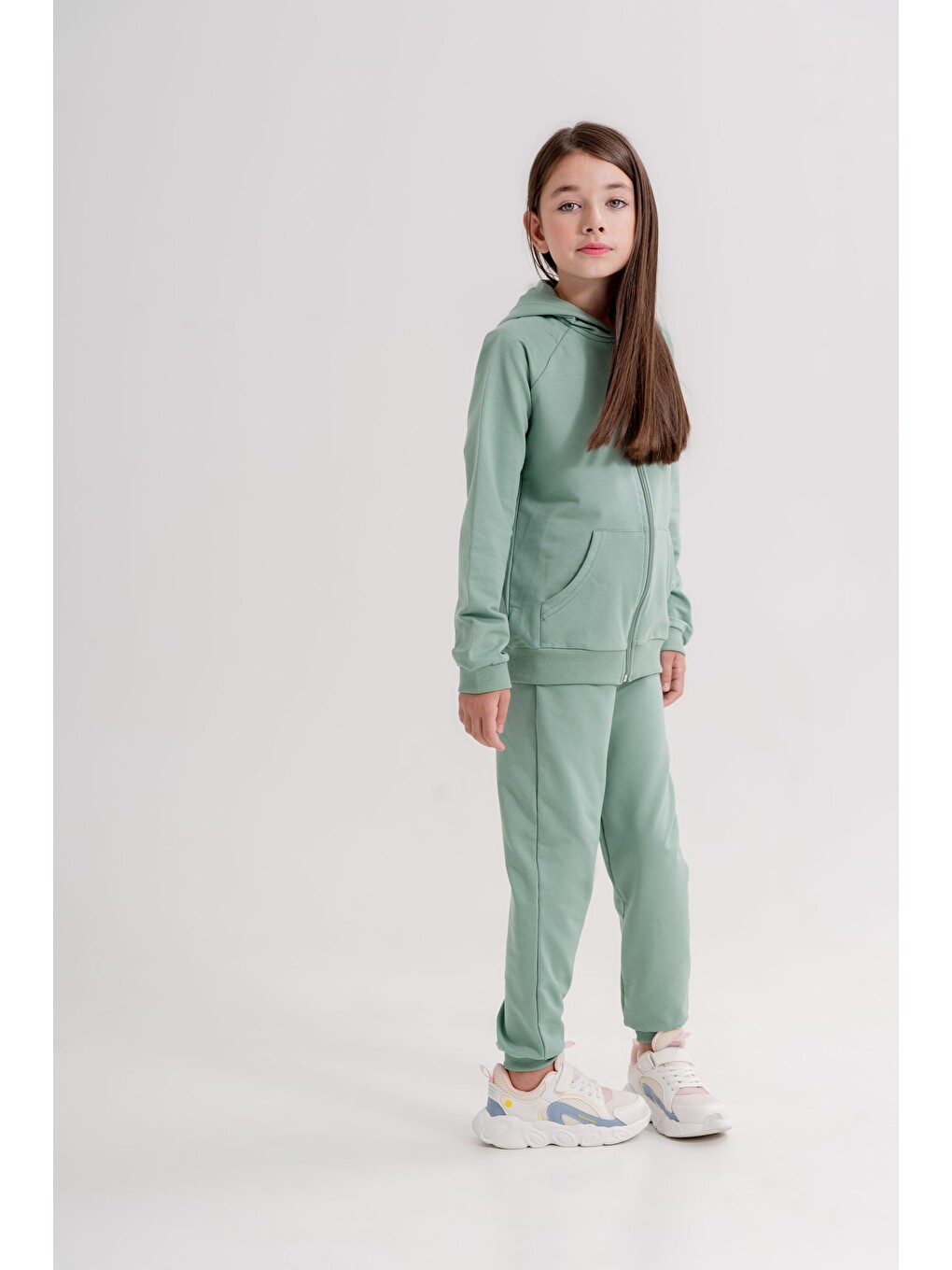 Yeşil Basic Kız Çocuk Spor Fermuarlı Eşofman Takımı-4