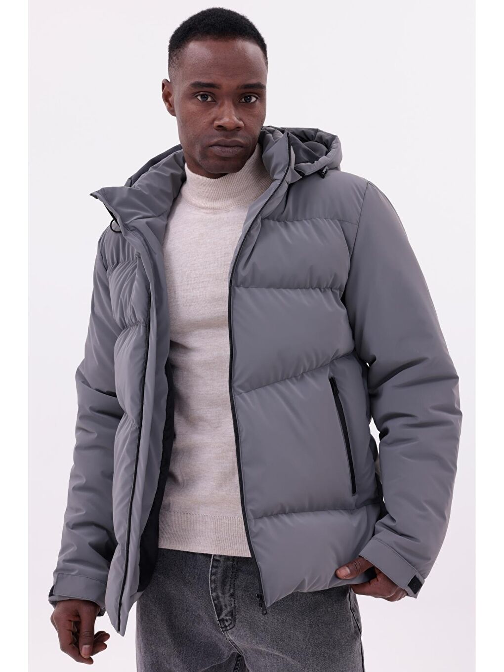 Antrasit Erkek Su Geçirmez Mont Nova Kumaş Çıkarılabilir Kapüşonlu Fermuar Çıt Detaylı-2