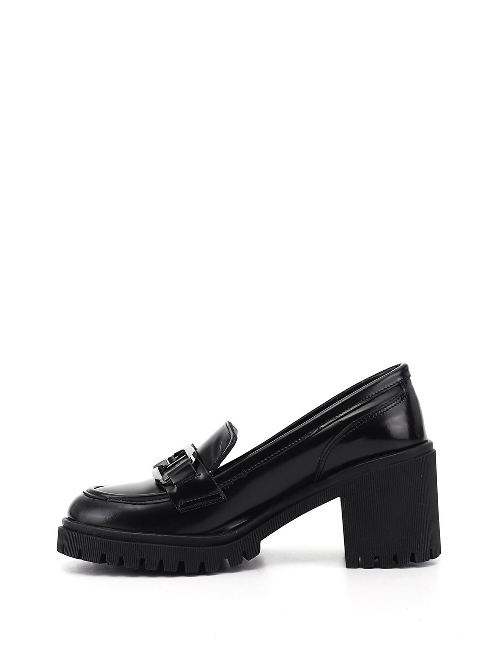 Siyah Kadın AÇIK SİYAH Tokalı Kalın Topuklu Loafer Hakiki Deri Ayakkabı-2