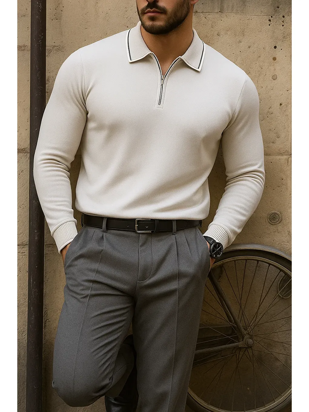 Erkek Günlük Çizgili Trend Gri Polo Yaka Kazak-2