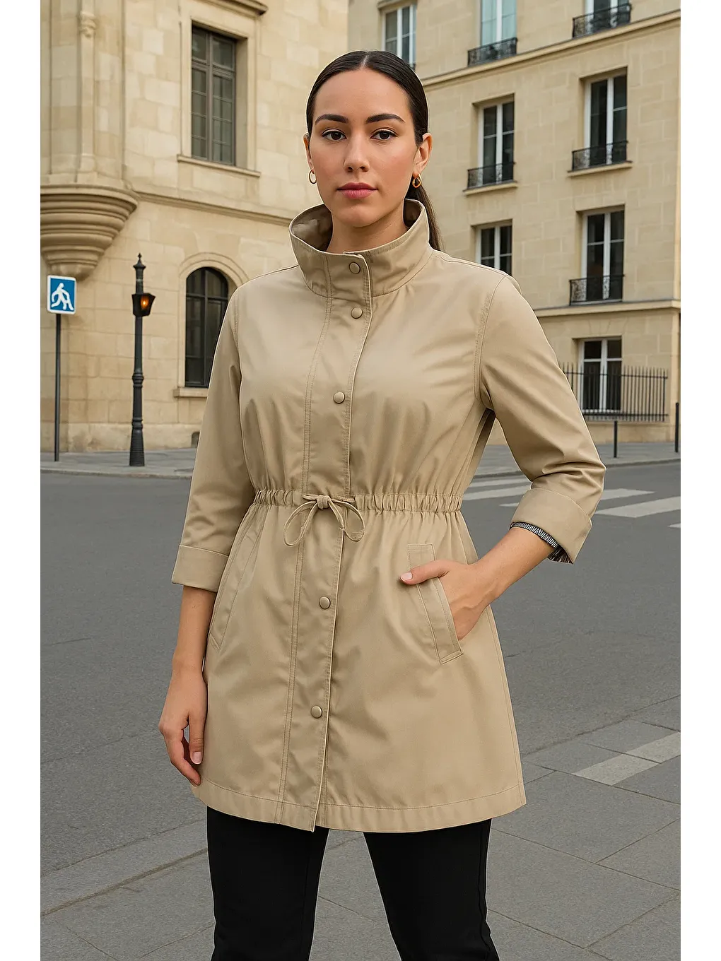 Kadın Büzgülü Premium Bej Kısa Trençkot-1