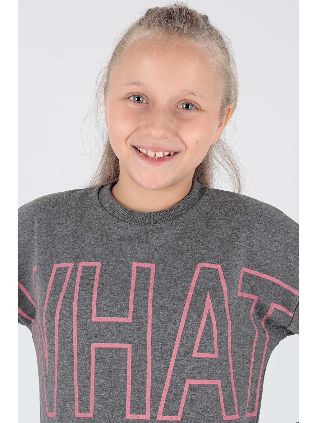 Antrasit Kids Kız What Baskılı Sweat Uzun Kollu Sweatshirt Pamuklu Ak15153-1