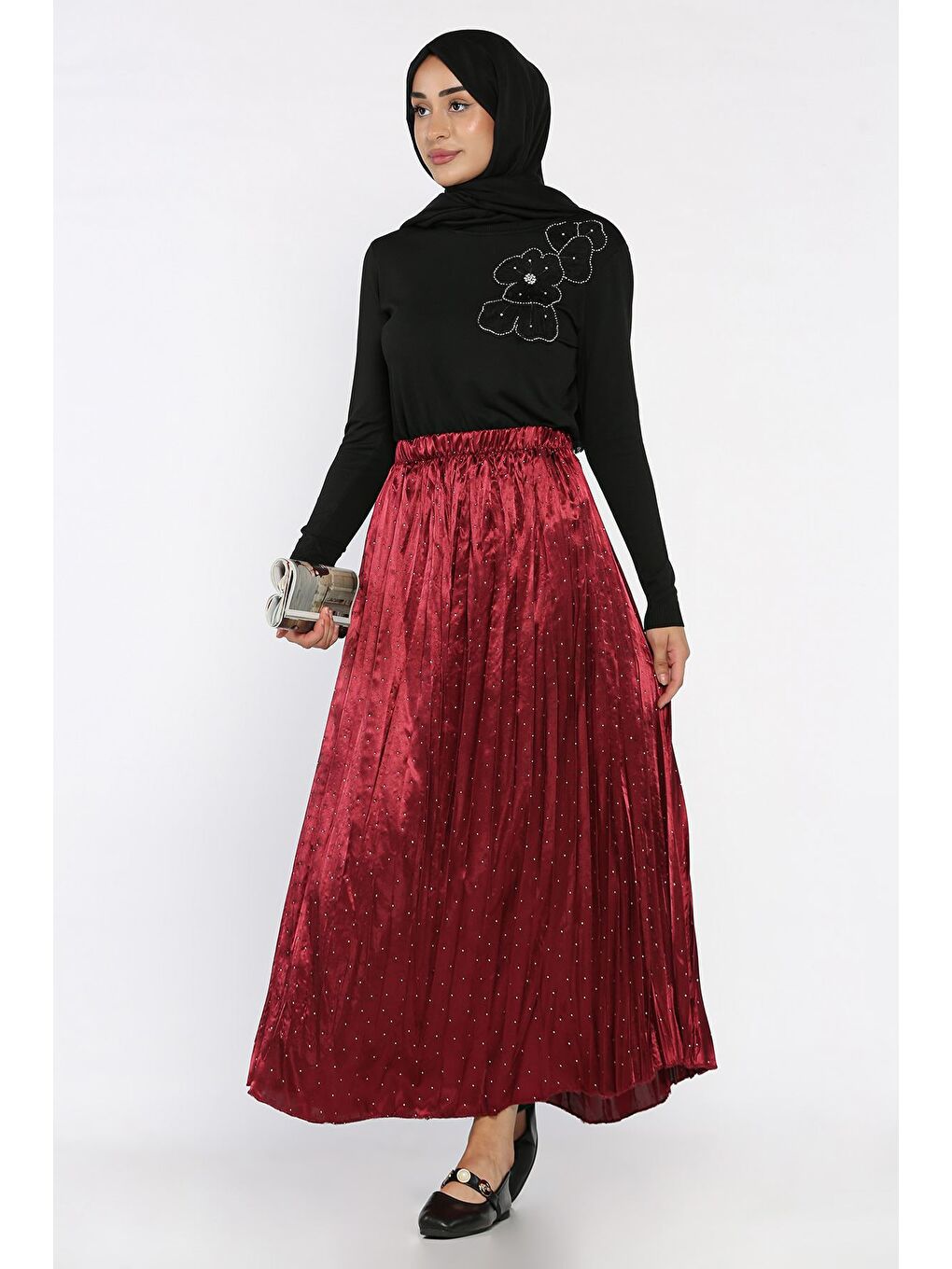 Bordo Bel Lastikli Taşlı Tesettür Etek-3