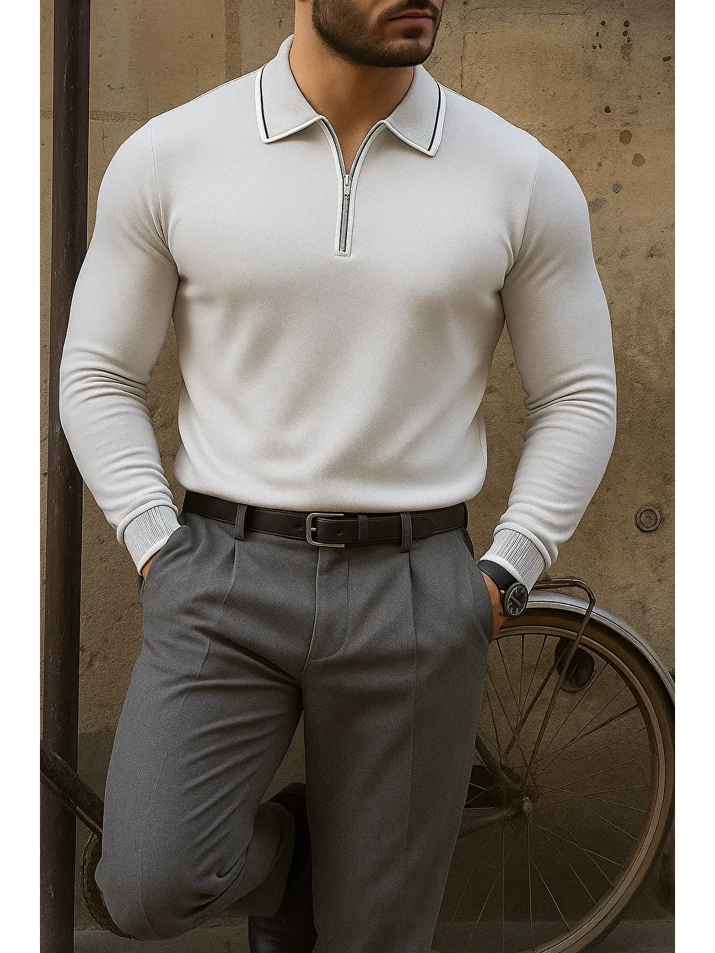 Erkek Günlük Çizgili Trend Gri Polo Yaka Kazak-3