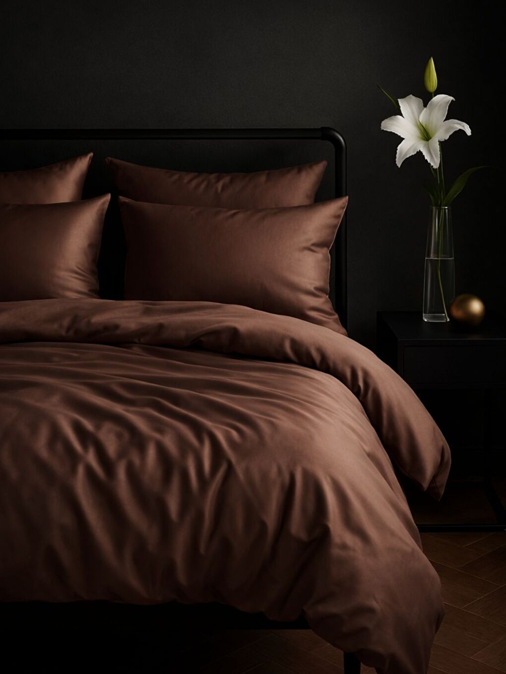 Kahverengi Saten 80 Tel Kiremit Çift Kişilik Nevresim Seti