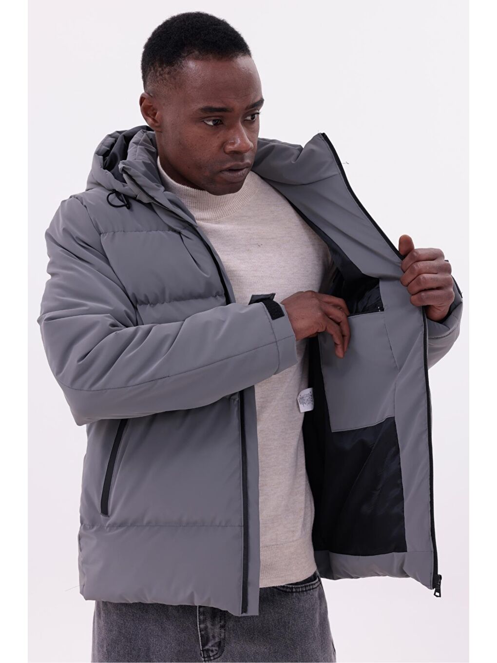 Antrasit Erkek Su Geçirmez Mont Nova Kumaş Çıkarılabilir Kapüşonlu Fermuar Çıt Detaylı-6