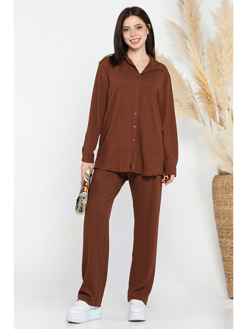 Kahverengi Kadın Fitilli Gömlek Pantolon İkili Takım