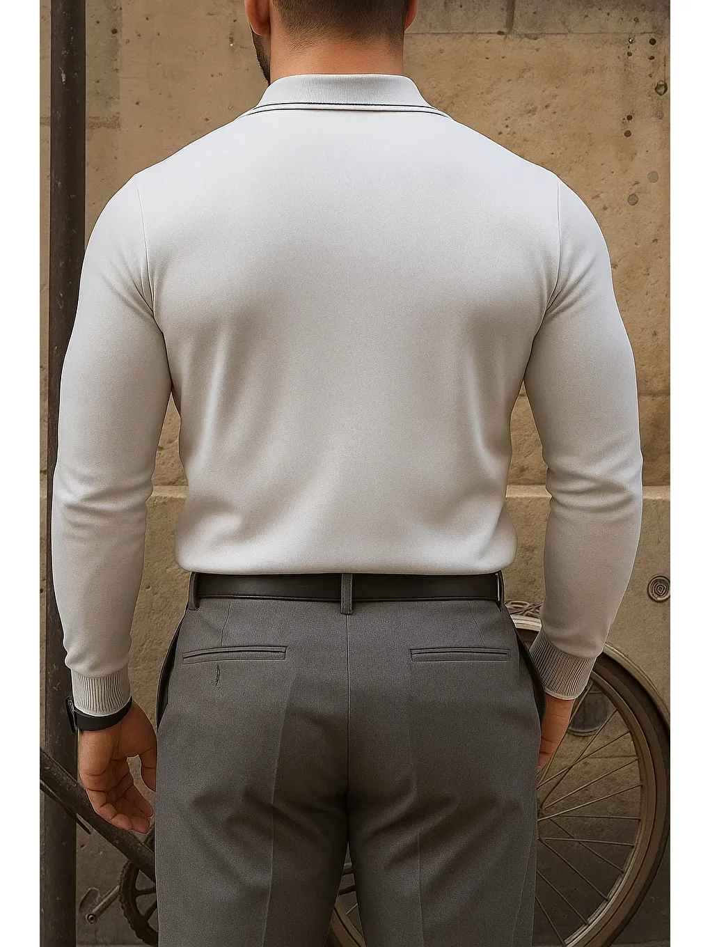 Erkek Günlük Çizgili Trend Gri Polo Yaka Kazak-4