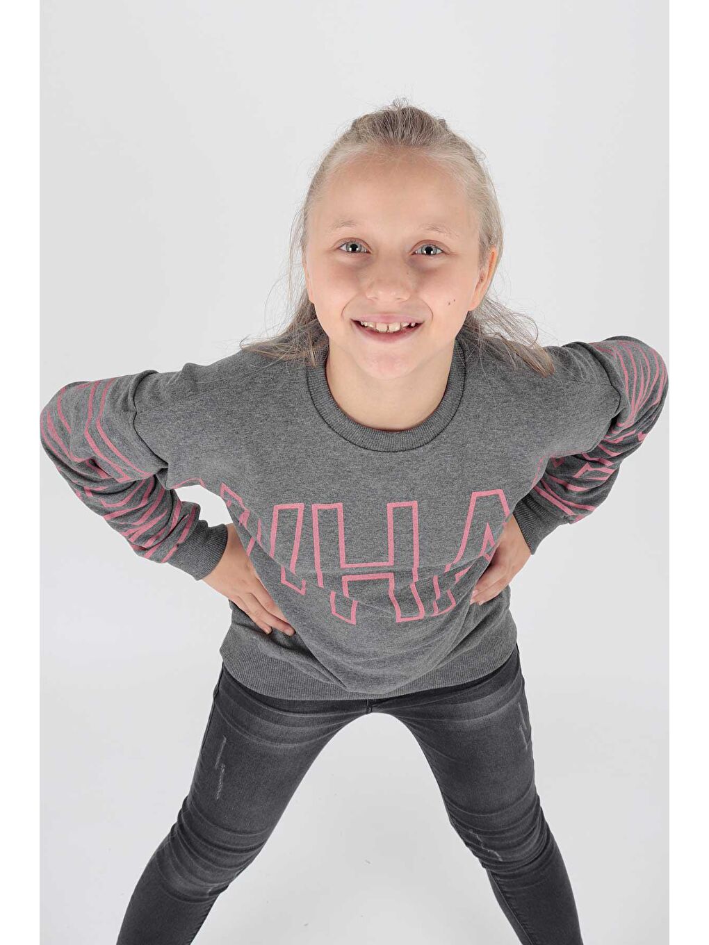 Antrasit Kids Kız What Baskılı Sweat Uzun Kollu Sweatshirt Pamuklu Ak15153-2