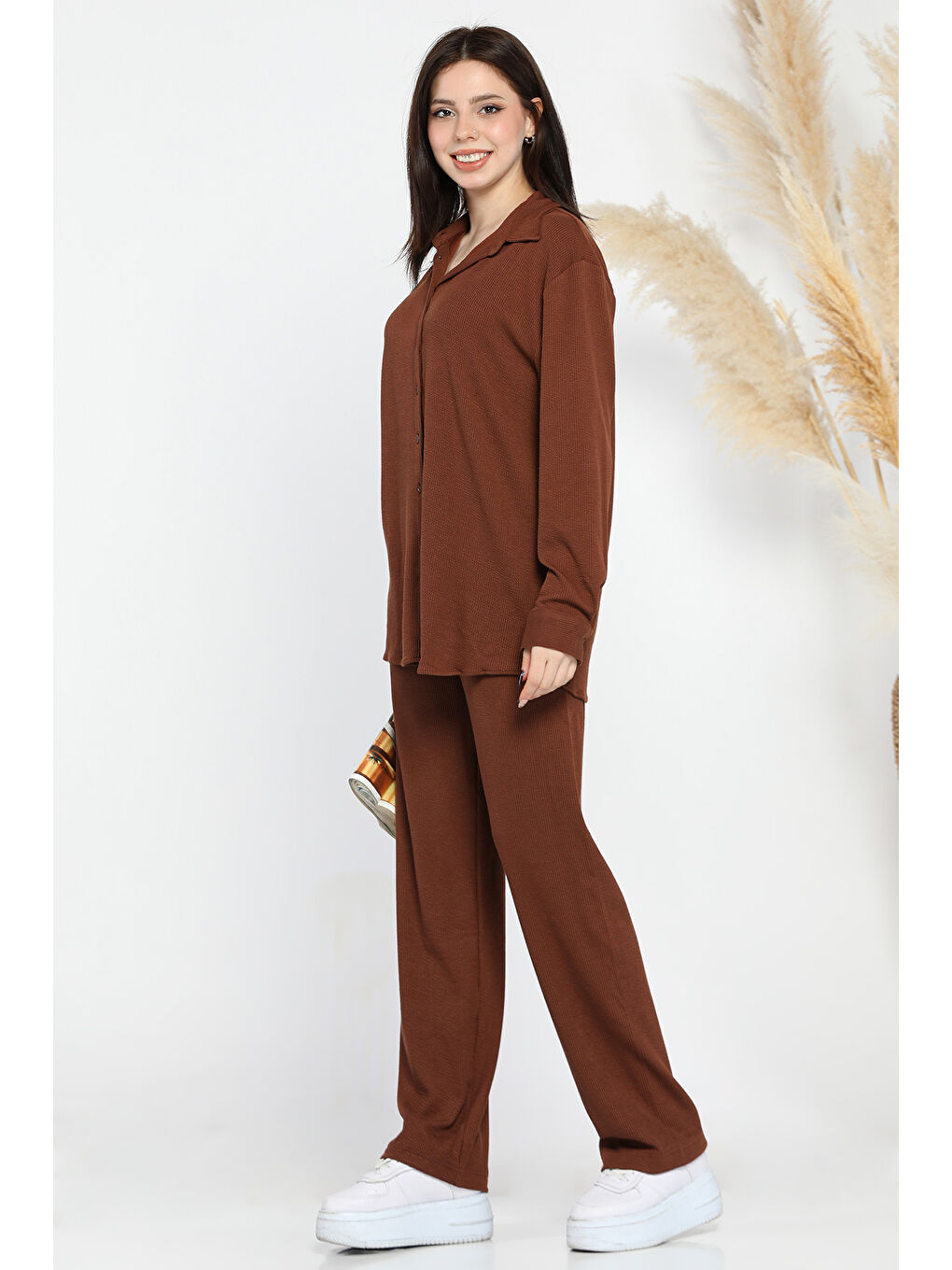 Kahverengi Kadın Fitilli Gömlek Pantolon İkili Takım-1