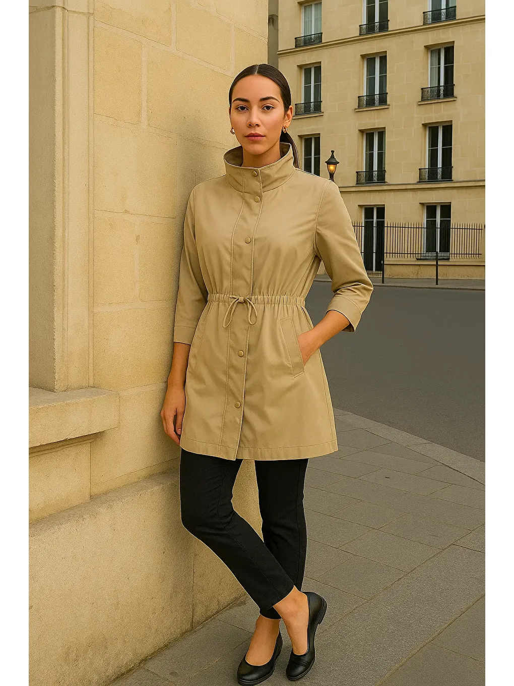 Kadın Büzgülü Premium Bej Kısa Trençkot-2