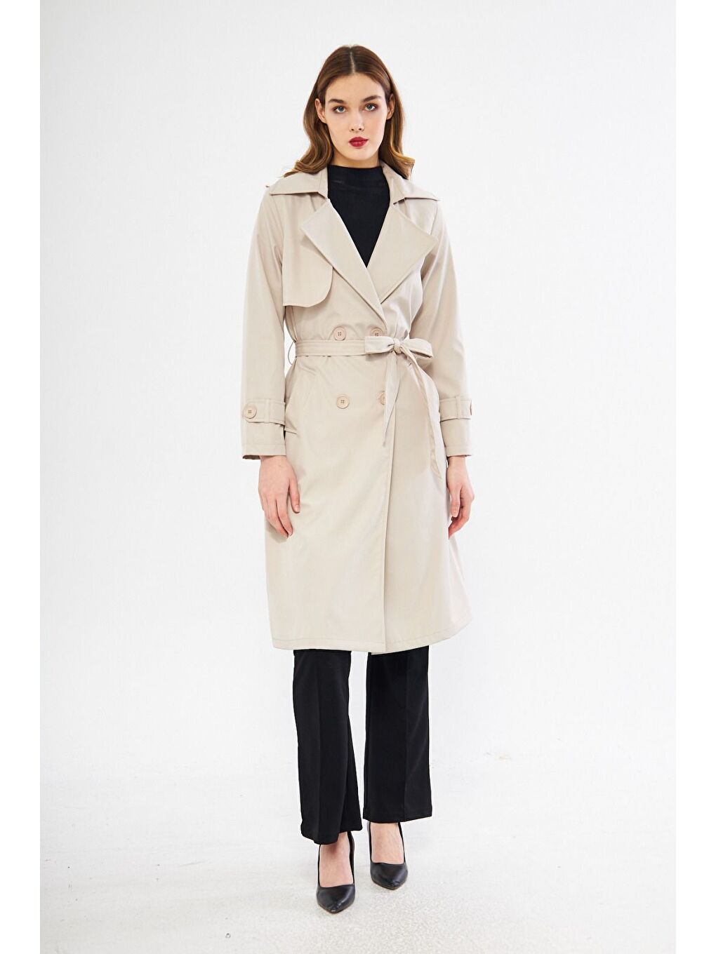 Ekru Kadın Basic Düğmeli Kuşaklı Cepli Uzun Krem Trençkot