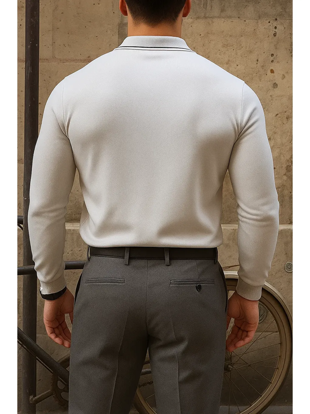 Erkek Günlük Çizgili Trend Gri Polo Yaka Kazak-5