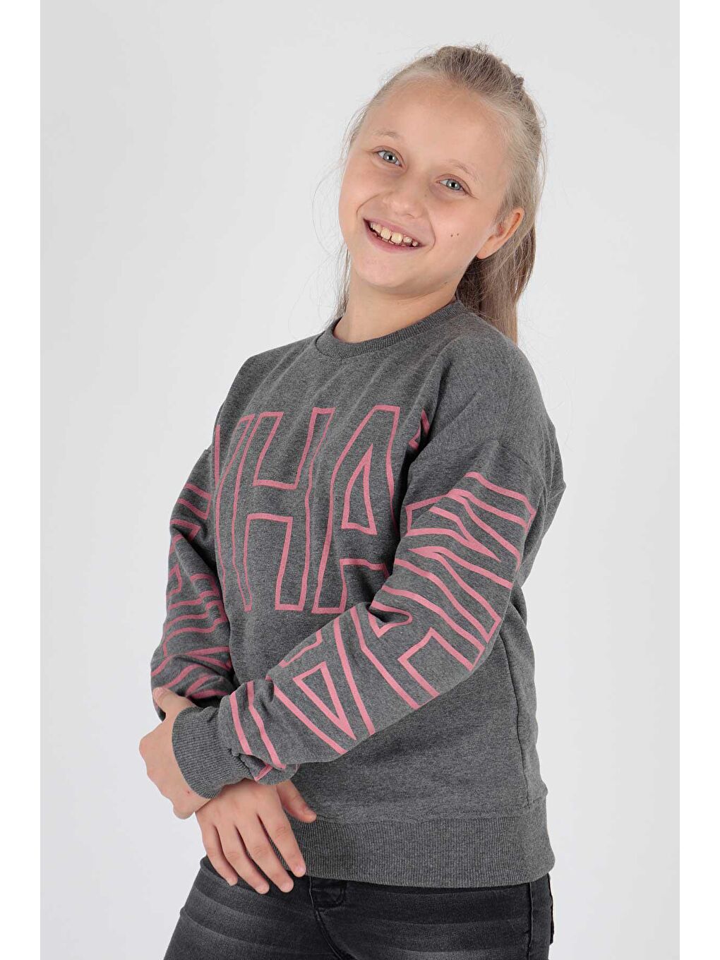 Antrasit Kids Kız What Baskılı Sweat Uzun Kollu Sweatshirt Pamuklu Ak15153-3
