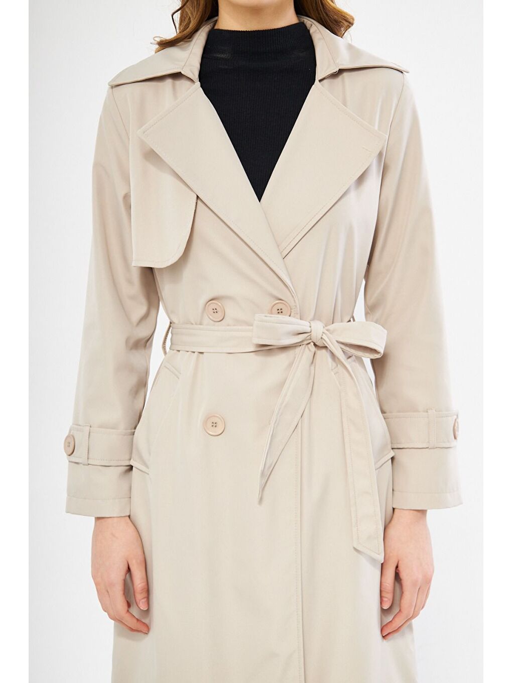 Ekru Kadın Basic Düğmeli Kuşaklı Cepli Uzun Krem Trençkot-1