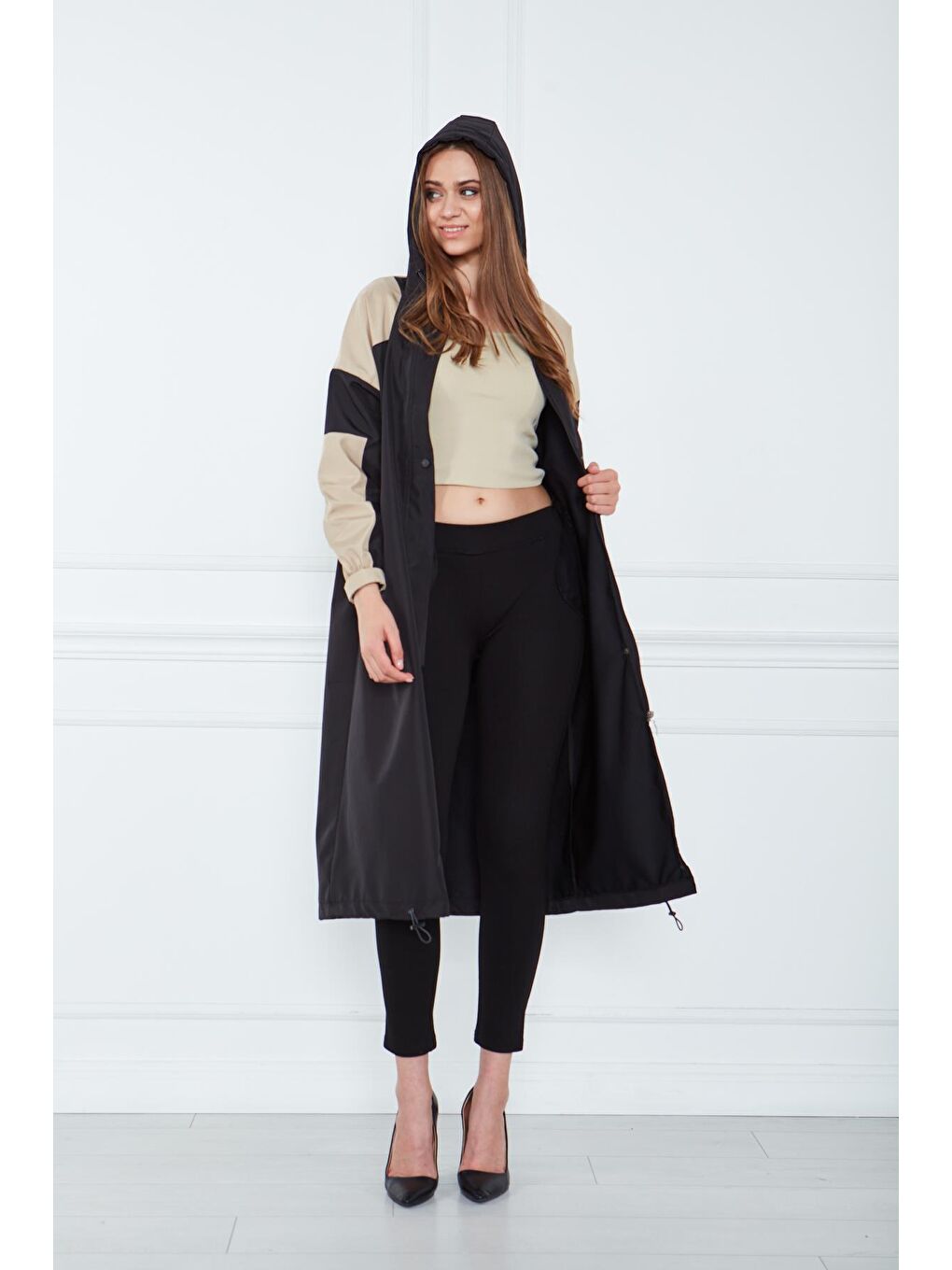 Siyah Kadın Kuşaklı Çift Renk Trençkot-5