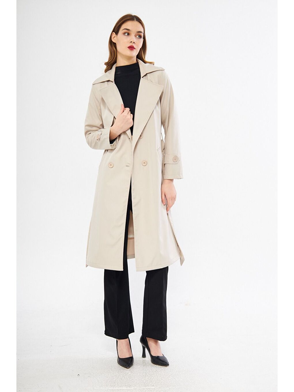 Ekru Kadın Basic Düğmeli Kuşaklı Cepli Uzun Krem Trençkot-2