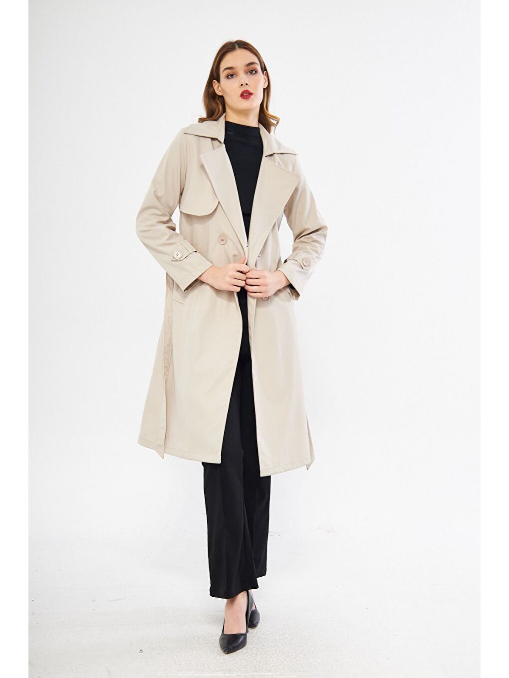 Ekru Kadın Basic Düğmeli Kuşaklı Cepli Uzun Krem Trençkot-3