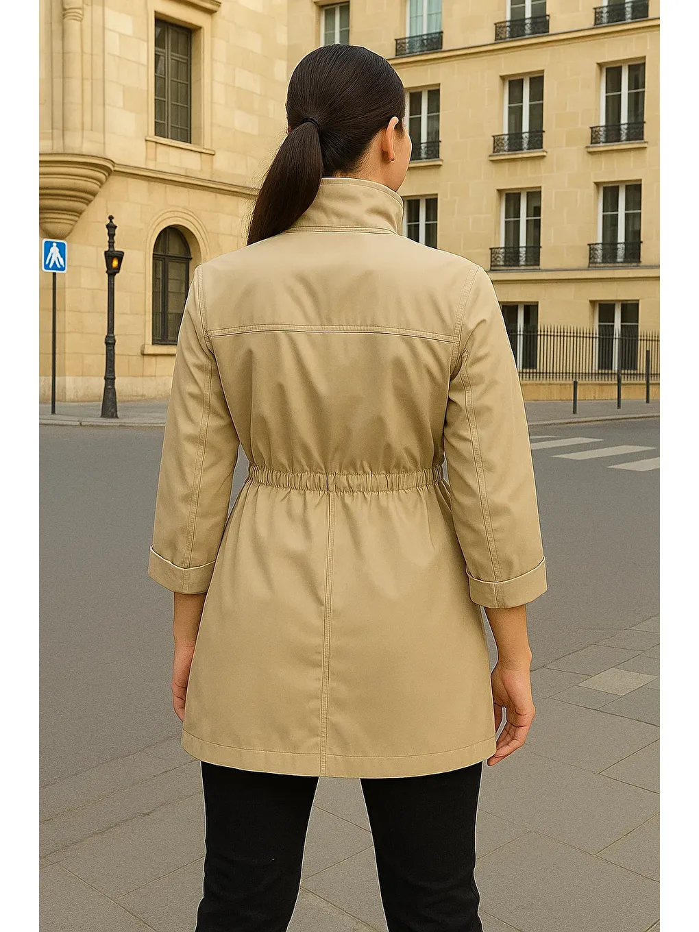 Kadın Büzgülü Premium Bej Kısa Trençkot-5