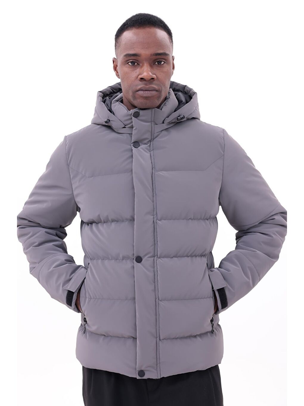 Gri Erkek Kışlık Nova Kumaş Su Geçirmez İç Cepli Çıkarılabilir Kapüşonlu Mont-2