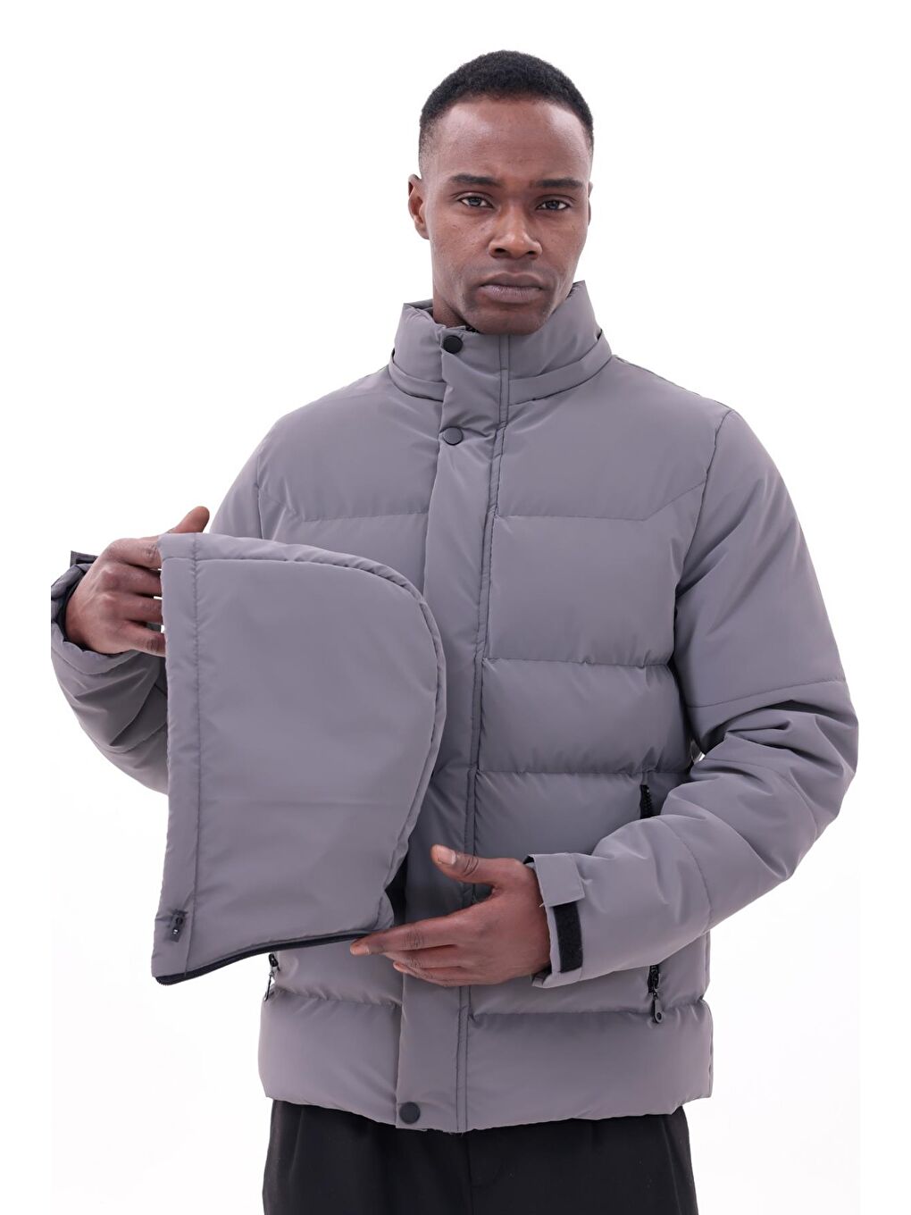 Gri Erkek Kışlık Nova Kumaş Su Geçirmez İç Cepli Çıkarılabilir Kapüşonlu Mont-4