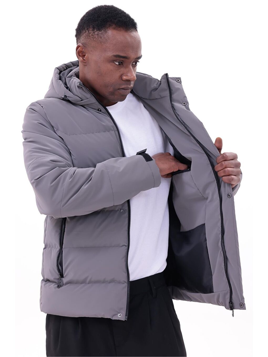Gri Erkek Kışlık Nova Kumaş Su Geçirmez İç Cepli Çıkarılabilir Kapüşonlu Mont-5
