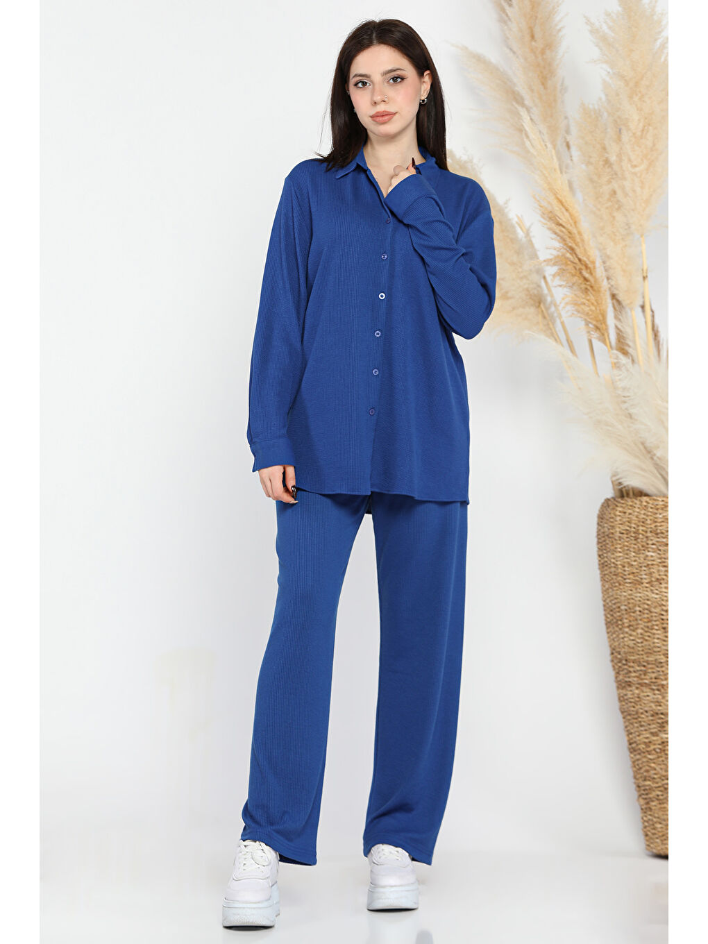 Mavi Kadın Fitilli Gömlek Pantolon İkili Takım-1