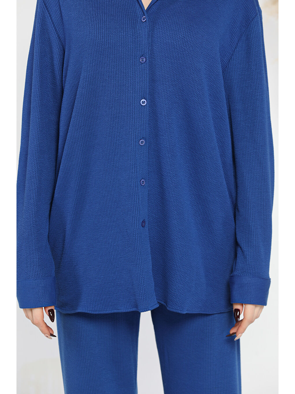 Mavi Kadın Fitilli Gömlek Pantolon İkili Takım-3