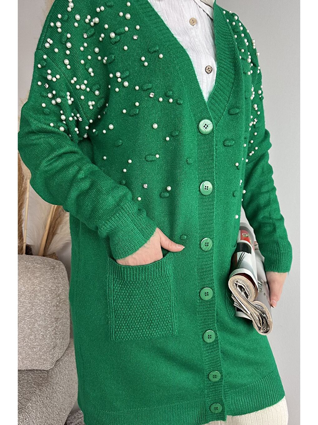 Yeşil İnci Detaylı Tesettür Triko Hırka-5