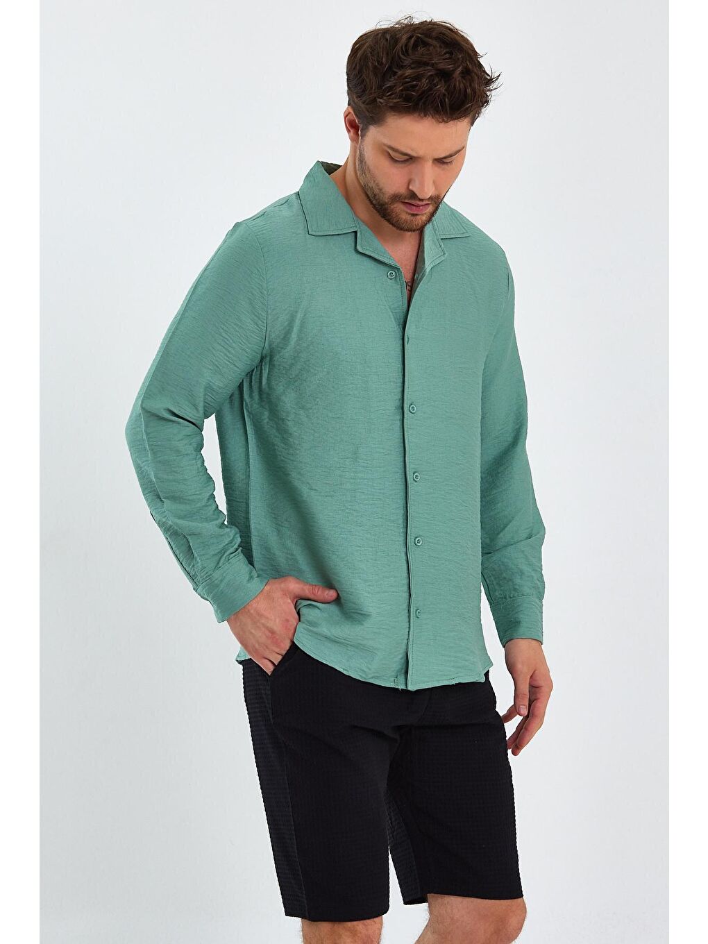 Turkuaz Regular Fit Apaş Yaka Keten Görünümlü Erkek Gömlek-1