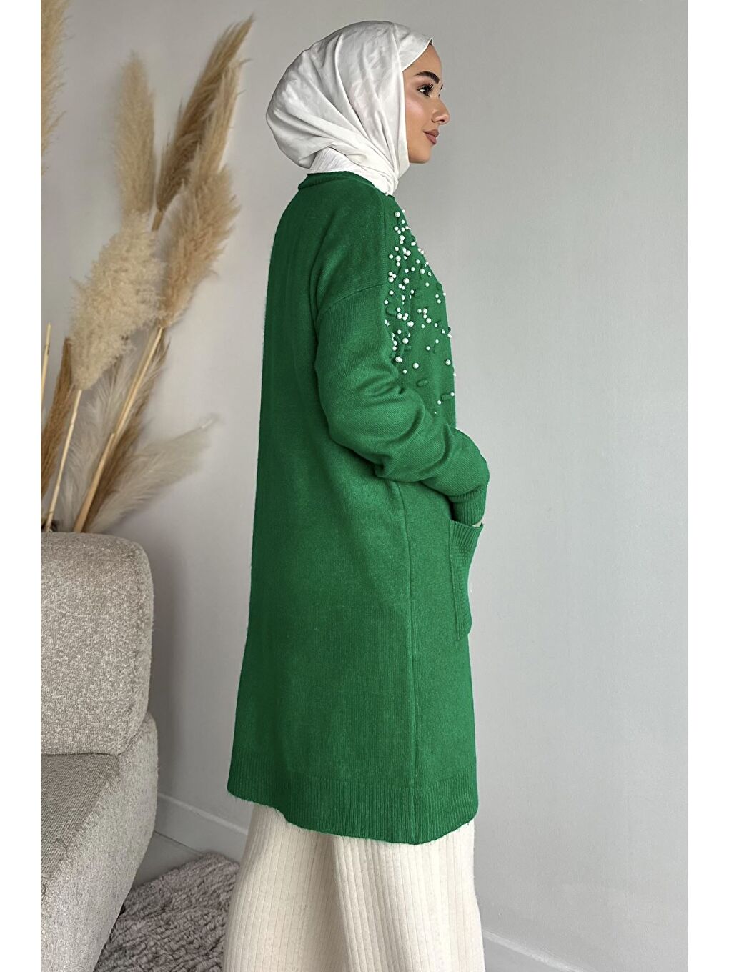 Yeşil İnci Detaylı Tesettür Triko Hırka-7
