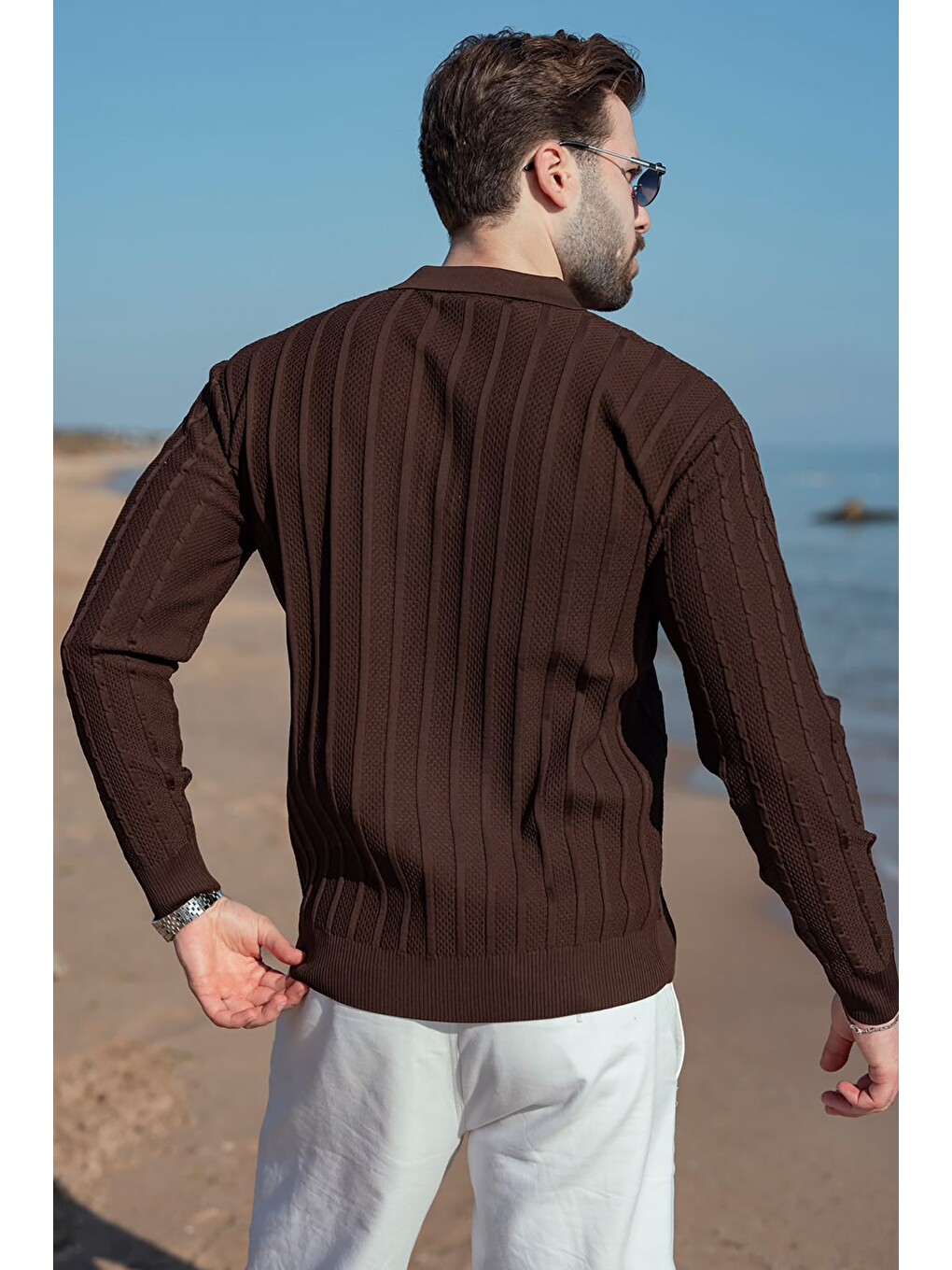 Kahverengi Polo Yaka Örgü Desenli Triko Erkek Kazak E7507-3