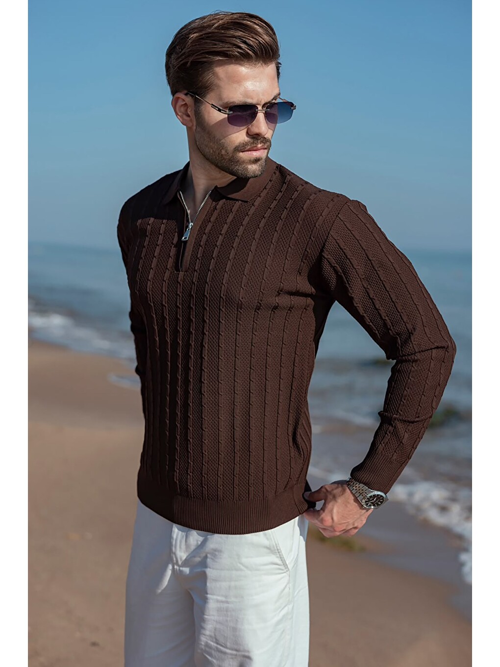 Kahverengi Polo Yaka Örgü Desenli Triko Erkek Kazak E7507-4