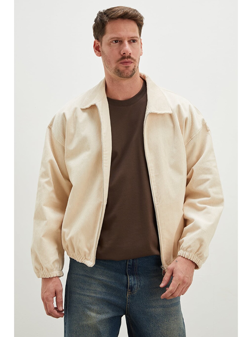 Ekru Fermuarlı Polo Yaka Kadife Bomber Ceket-1