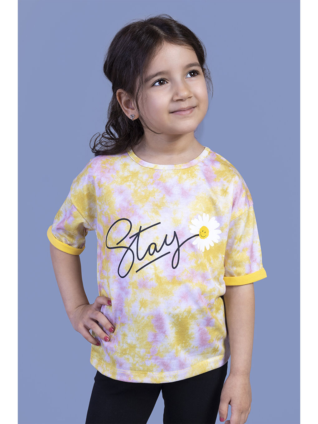 Sarı Kız Çocuk Batik Desenli Baskılı Tişört