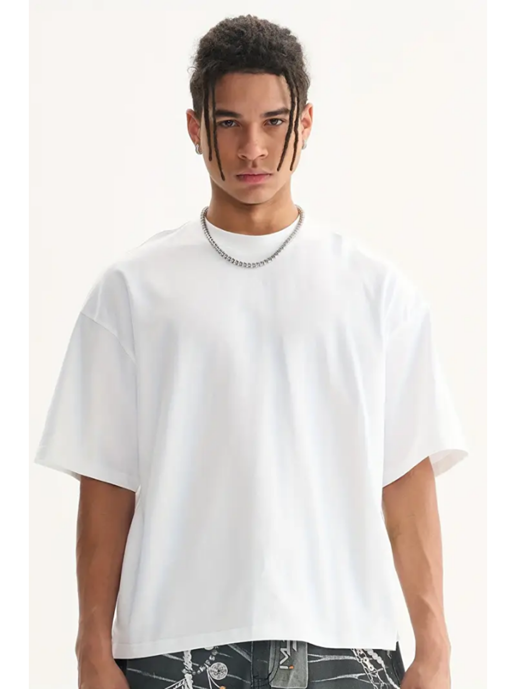 Beyaz Erkek Oversize Bisiklet Yaka %100 Pamuk Tişört