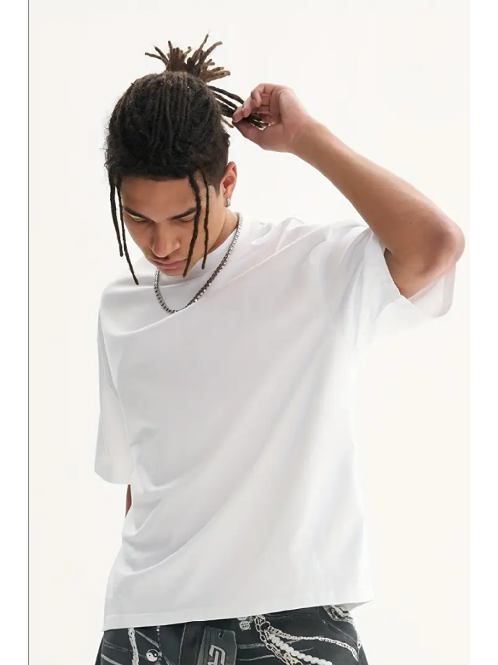 Beyaz Erkek Oversize Bisiklet Yaka %100 Pamuk Tişört-1