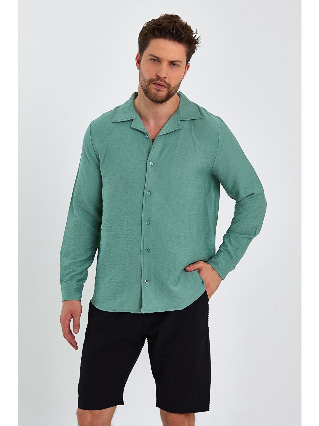 Turkuaz Regular Fit Apaş Yaka Keten Görünümlü Erkek Gömlek-2