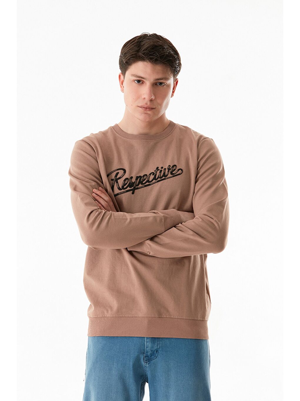 Kahverengi Yazı Nakışlı Bisiklet Yaka Sweatshirt