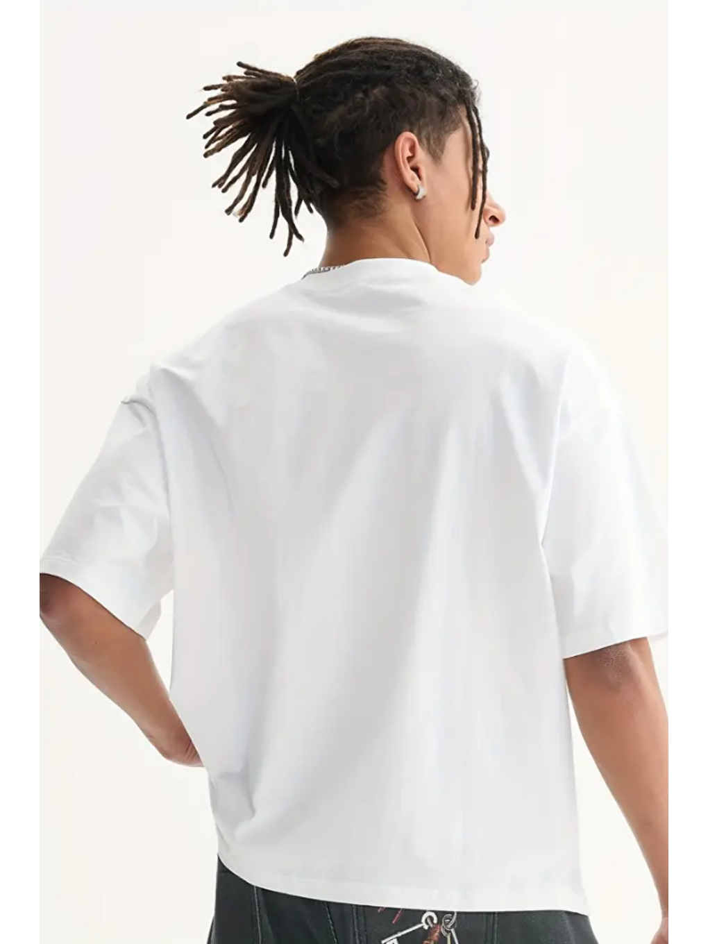 Beyaz Erkek Oversize Bisiklet Yaka %100 Pamuk Tişört-2