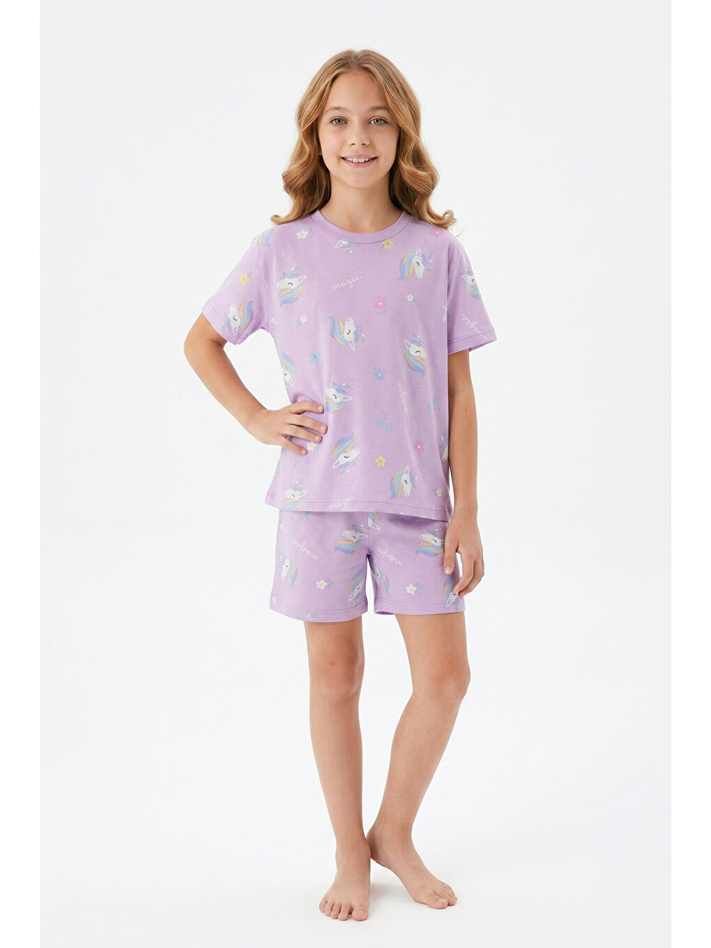 Lila Kız Çocuk %100 Pamuk-baskılı Ve Şortlu Pijama Takımı 3-13 Yaş 12722ıs