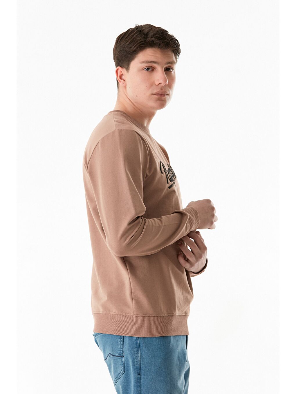 Kahverengi Yazı Nakışlı Bisiklet Yaka Sweatshirt-3