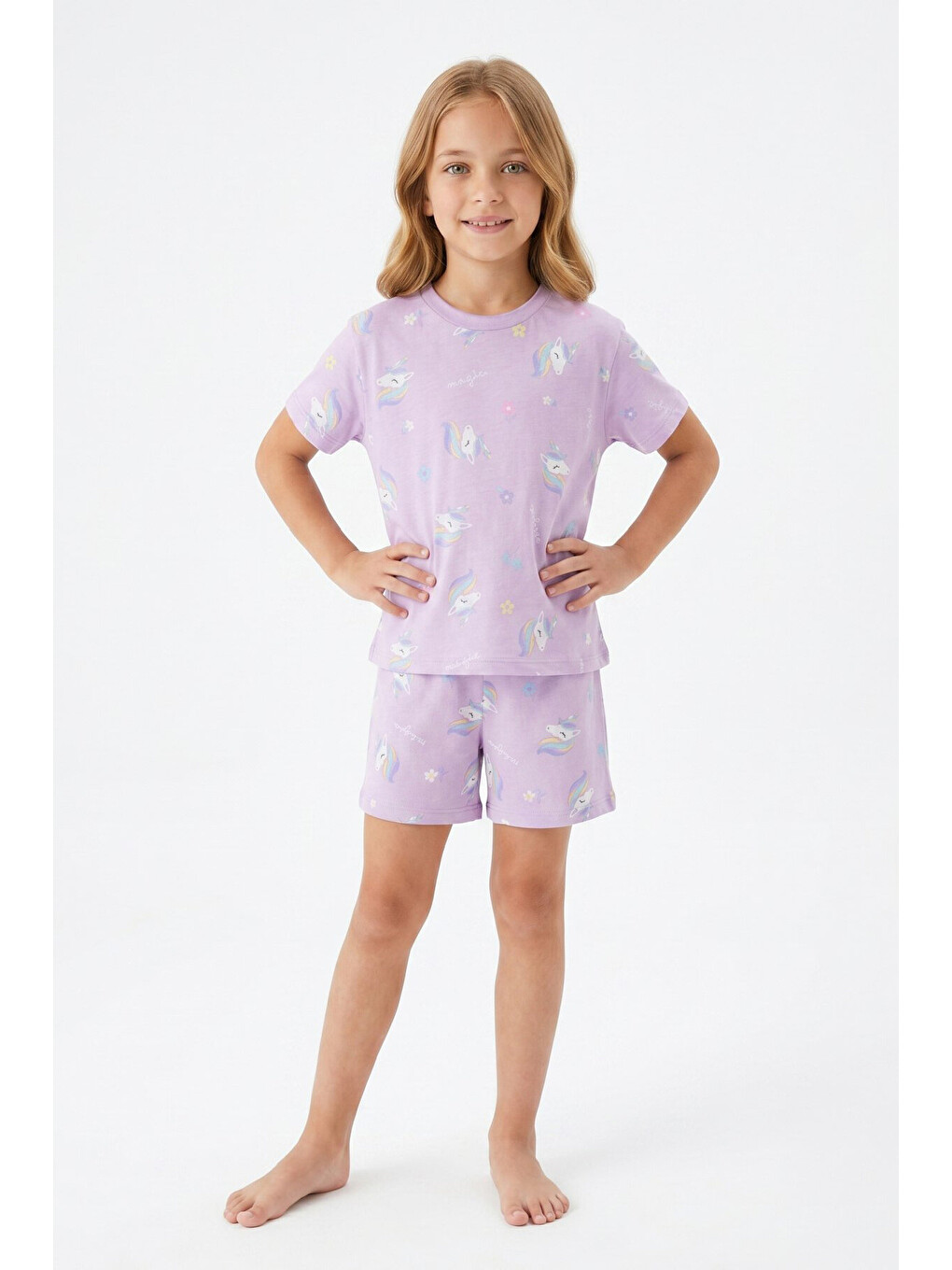 Lila Kız Çocuk %100 Pamuk-baskılı Ve Şortlu Pijama Takımı 3-13 Yaş 12722ıs-1