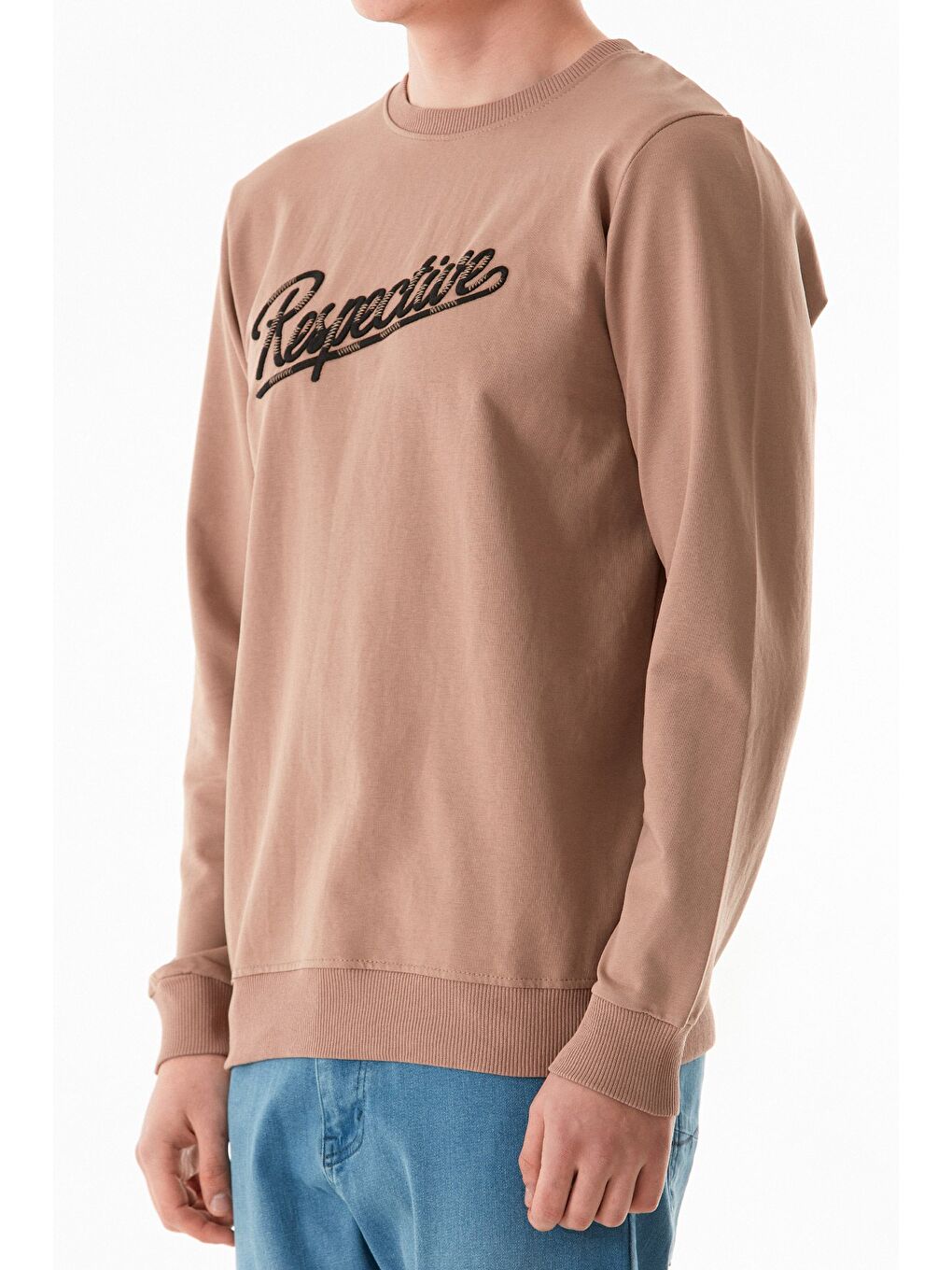 Kahverengi Yazı Nakışlı Bisiklet Yaka Sweatshirt-4