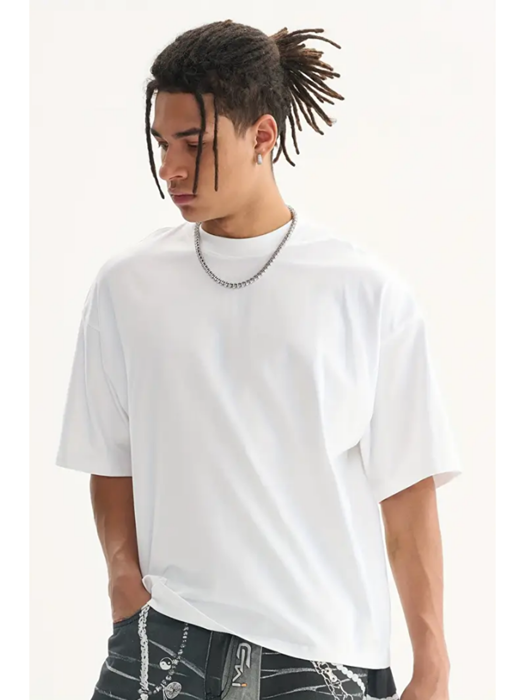 Beyaz Erkek Oversize Bisiklet Yaka %100 Pamuk Tişört-4