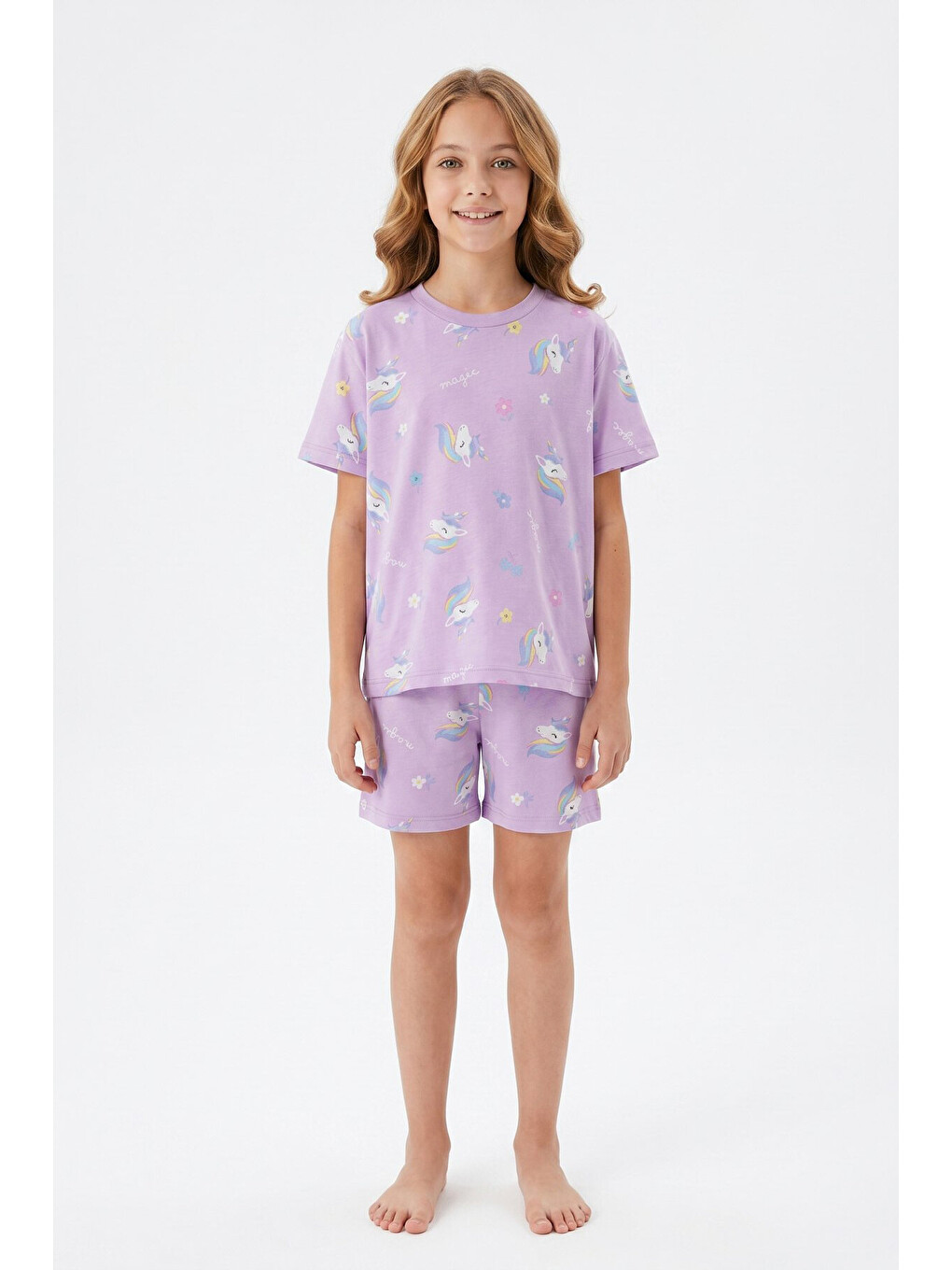 Lila Kız Çocuk %100 Pamuk-baskılı Ve Şortlu Pijama Takımı 3-13 Yaş 12722ıs-3