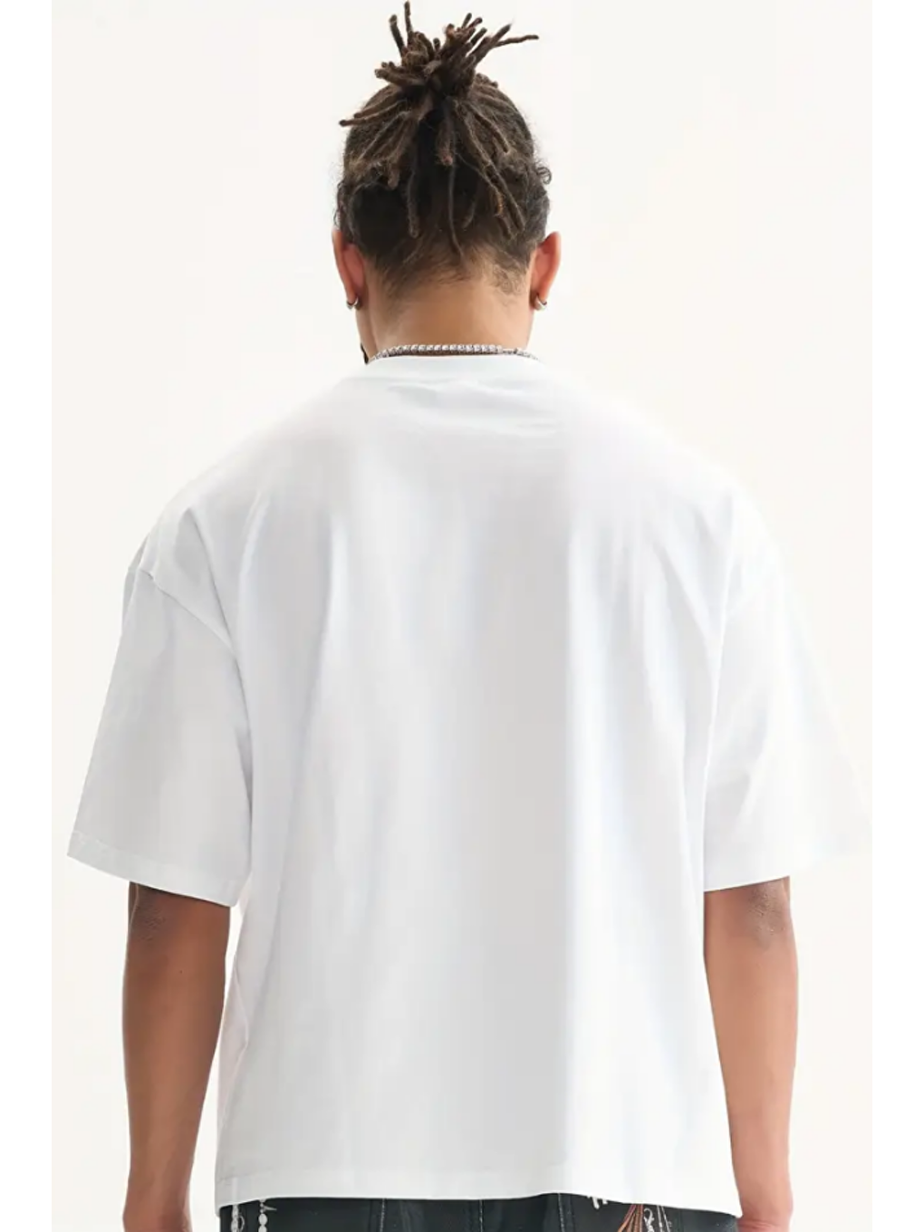 Beyaz Erkek Oversize Bisiklet Yaka %100 Pamuk Tişört-5